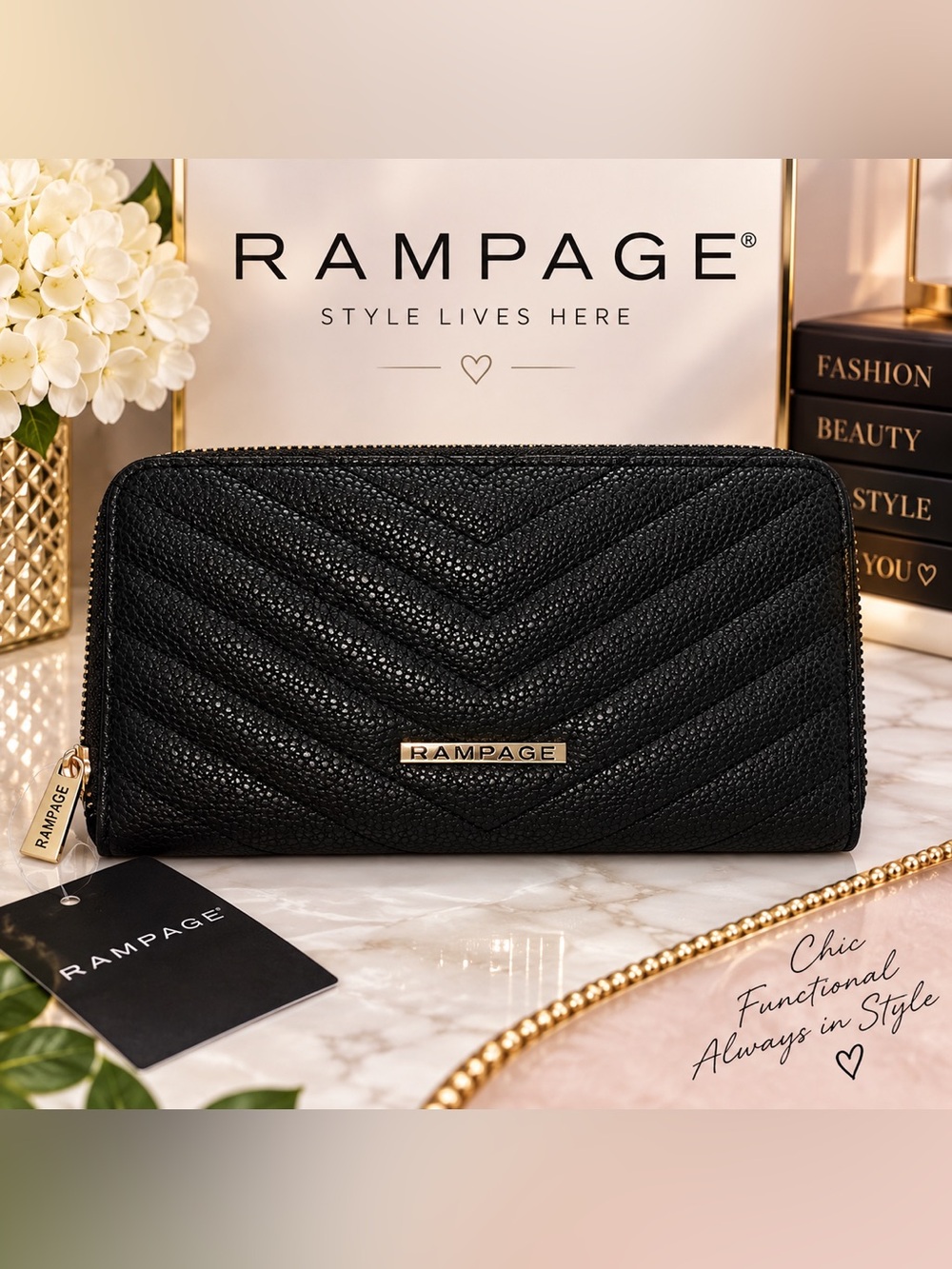 🖤 NWT RAMPAGE Black Chevron Zip-Around Wallet / Wristlet Phone Clutch